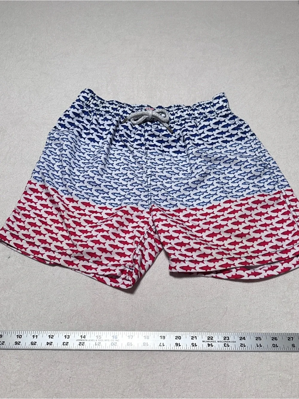 Men's Medium Shark Print Swim Trunks in Red White & Blue